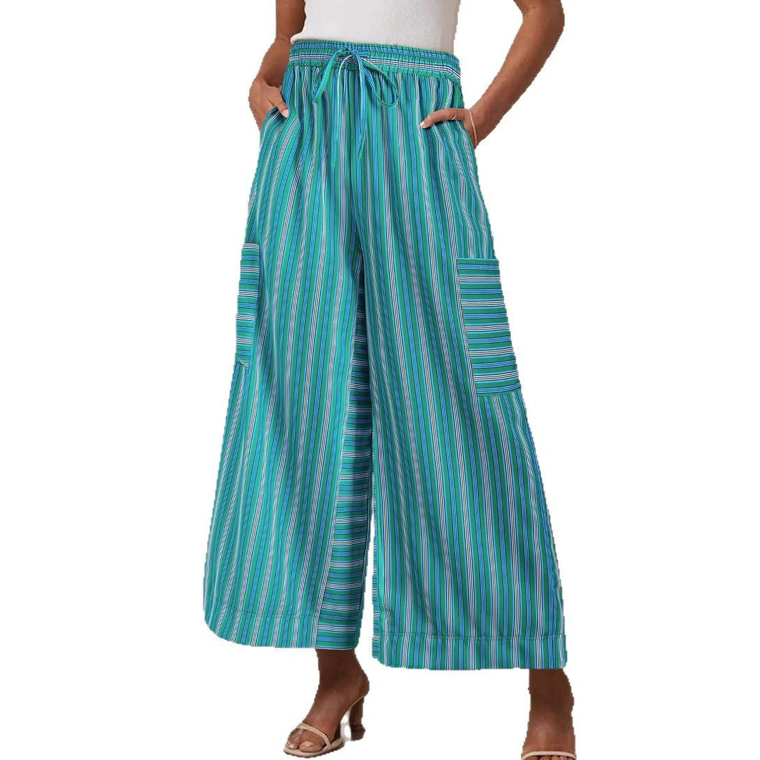 Lightweight Wide Leg Stripe Pants Elastic Waist Drawstring