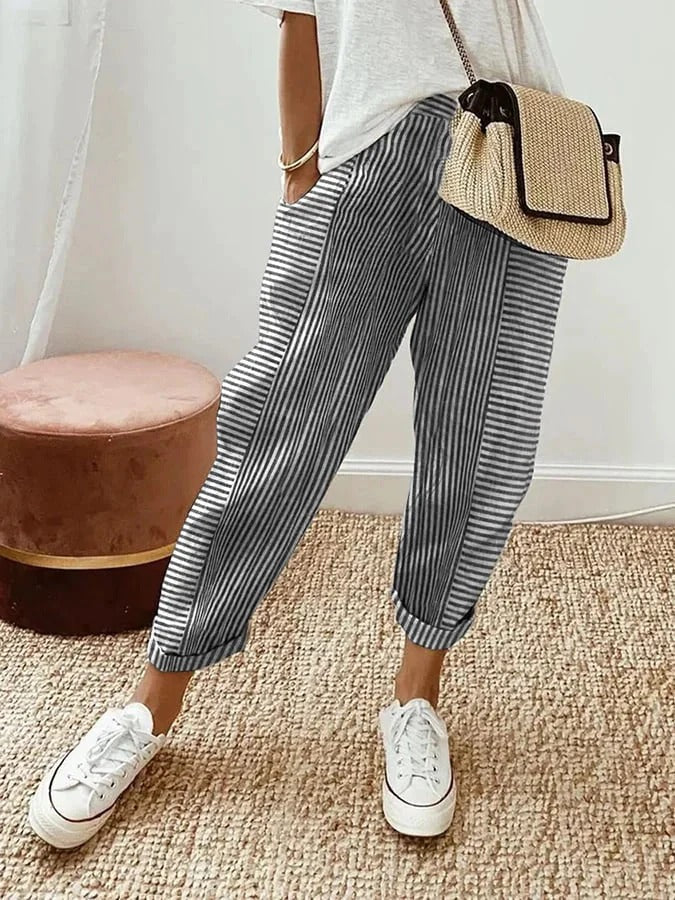 Striped Relaxed Fit Women Pants Ankle Length Cuffed