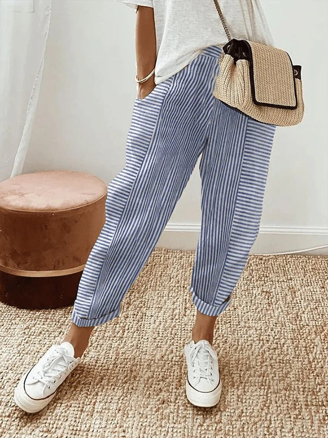 Striped Relaxed Fit Women Pants Ankle Length Cuffed