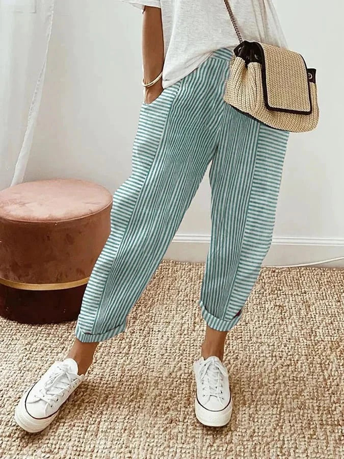 Striped Relaxed Fit Women Pants Ankle Length Cuffed