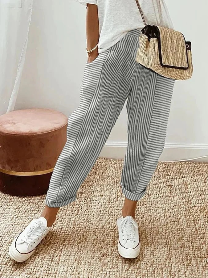 Striped Relaxed Fit Women Pants Ankle Length Cuffed
