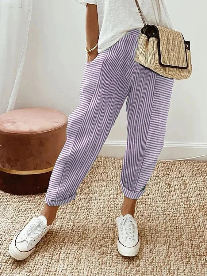 Striped Relaxed Fit Women Pants Ankle Length Cuffed