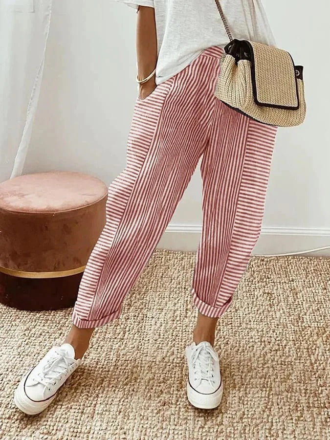 Striped Relaxed Fit Women Pants Ankle Length Cuffed